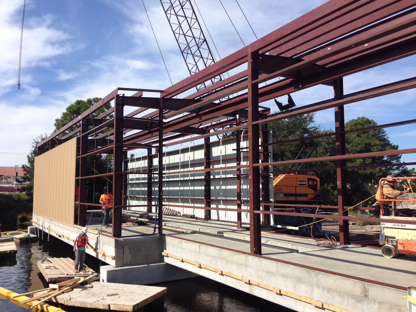 Marine Construction project in progress - new acoustic pier | Inland Construction & Engineering, Inc. Panama City, Florida providing construction, general contracting, marine construction, design & engineering, diving services, roofing, & bulding rehab.